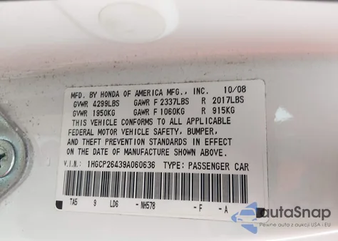 2009 Honda Accord 2.4 Lx-P from USA, damaged, VIN 1HGCP26439A060636